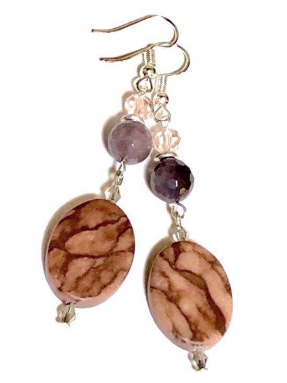 Pink Gray Mahogany Jasper Stone Oval and Crystal Statement Dangle Earrings NWT